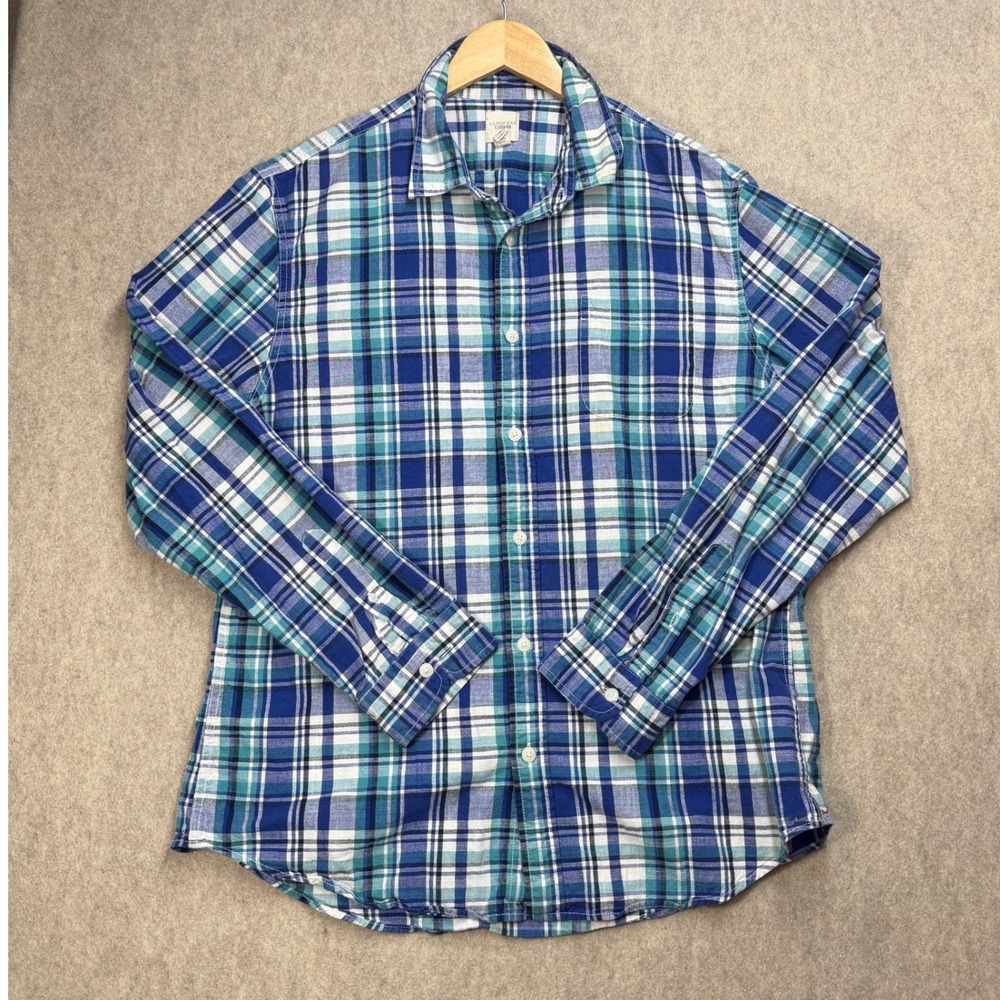 Lands End Canvas Mens XL Blue Plaid Long Sleeve Button Down Cotton Shirt Preppy